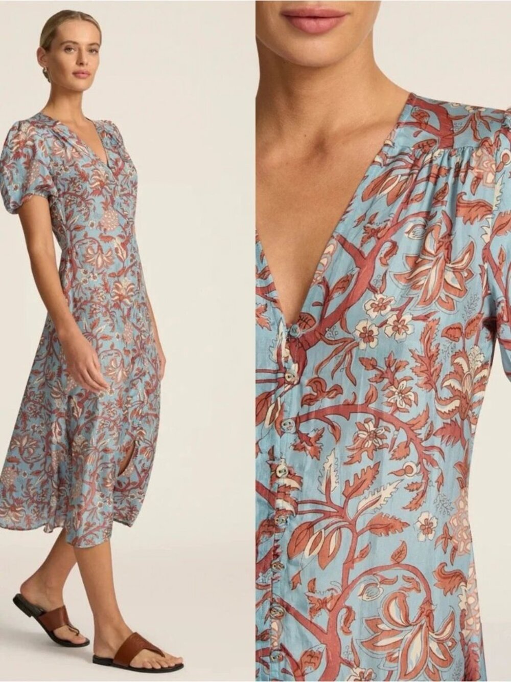 NWT Hannah Artwear Olivia Button Front Silk Midi Dress in Fernando Sky size 1/S - Picture 5 of 6